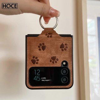 Hoce Ốp điện thoại da in hình chân mèo dễ thương cho Samsung Z Flip 3 zflip5 ZFlip6 5G có giá đỡ nhẫn đeo tay Vỏ chống sốc cho trường hợp zflip3 zflip4