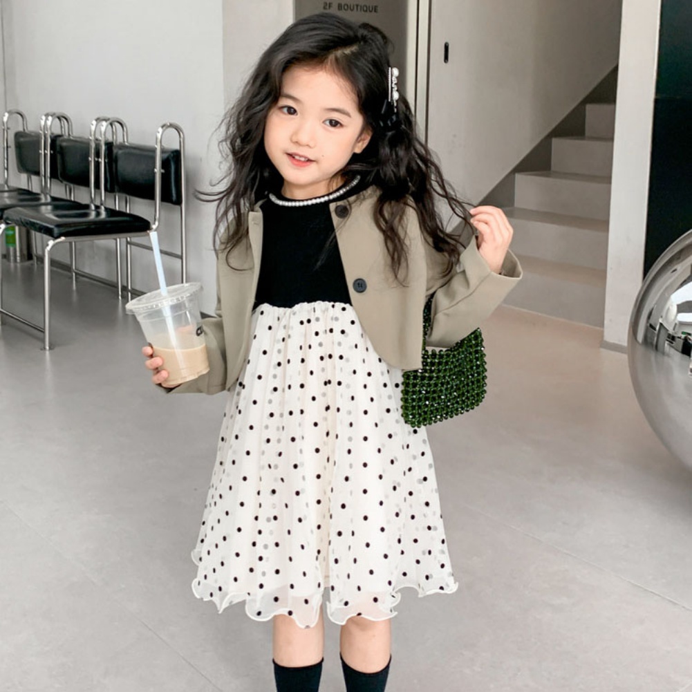 Bộ Đầm Tay Dài Phối Lưới Chấm Bi + Áo Khoác Thắt Nơ Phong Cách Hàn Quốc Thời Trang Mùa Thu Cho Bé Gái