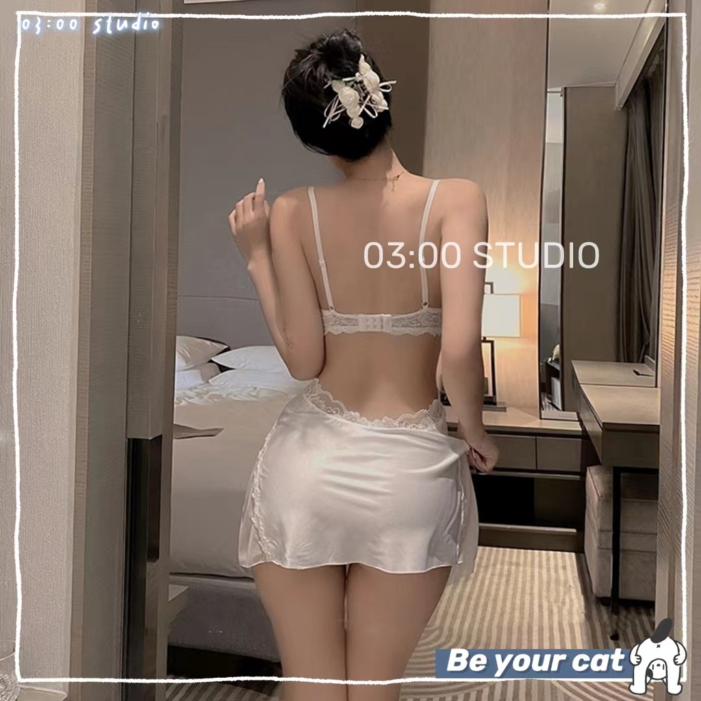 （Giao hàng bảo mật)🖤Váy ngủ sexy🖤Có mút+có gọng🖤gom ngực tạo khe🖤2 dây hở lưng đẹp phối ren body quyến rũ đen trắng--040 | BigBuy360 - bigbuy360.vn