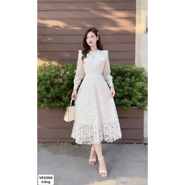 Đầm dáng xoè dự tiệc đính nơ tay dài lịch sự GOZA VE5066