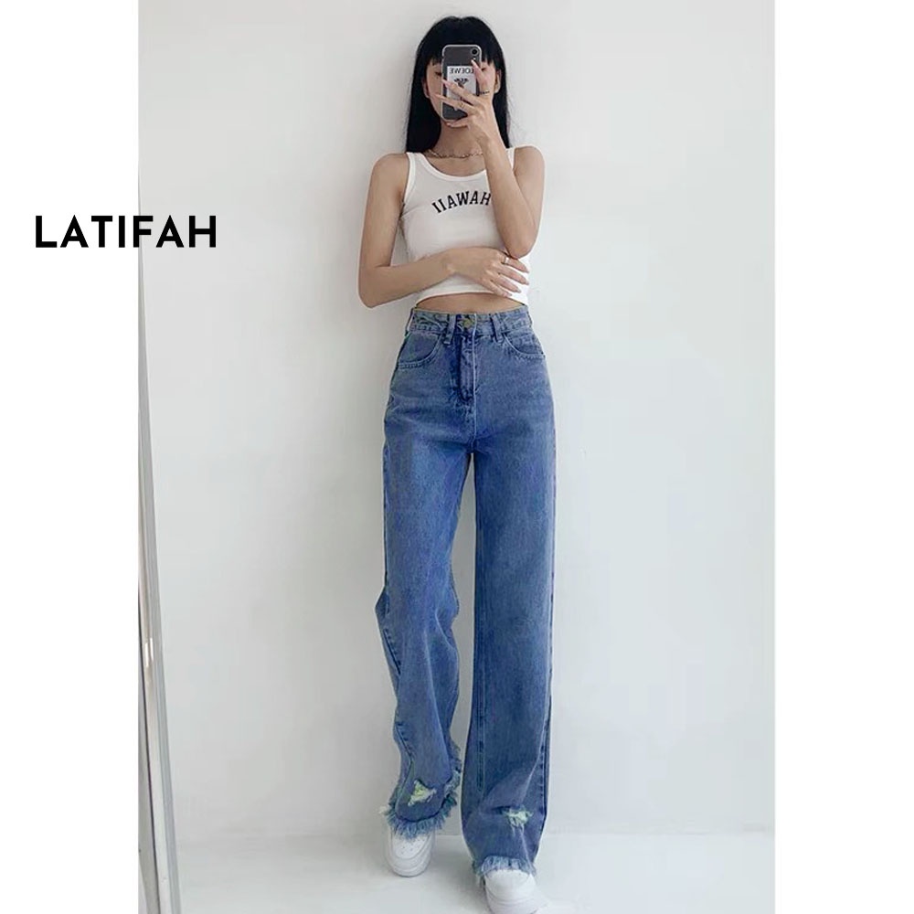 Quần baggy jeans nữ LATIFAH ống rộng dài 98cm tua lai mài rách màu xanh QD253
