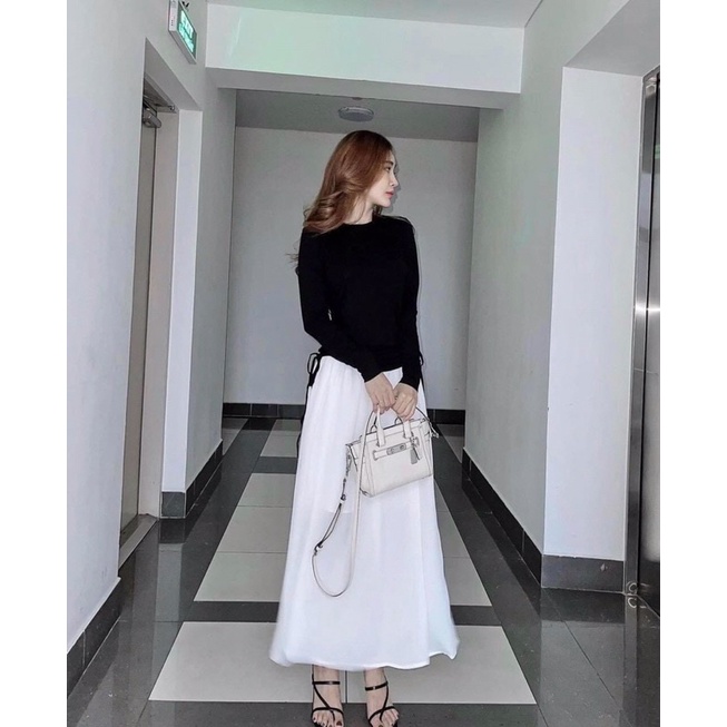 Set chân váy lụa-áo tay dài rút nhún eo.🖤