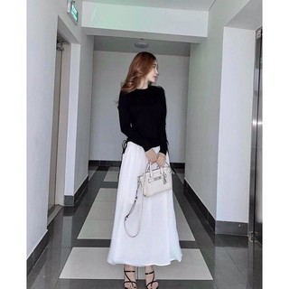Set chân váy lụa-áo tay dài rút nhún eo.🖤