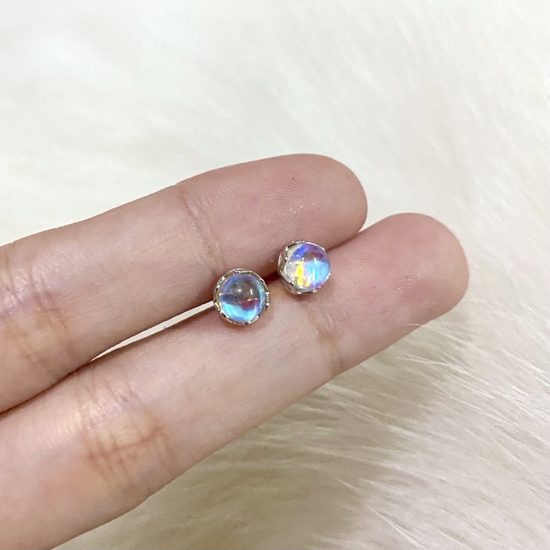 Bông tai tròn bạc đá Moonstone nhân tạo, khuyên tai bạc tròn đá mặt trăng nhân tạo Blackmeo