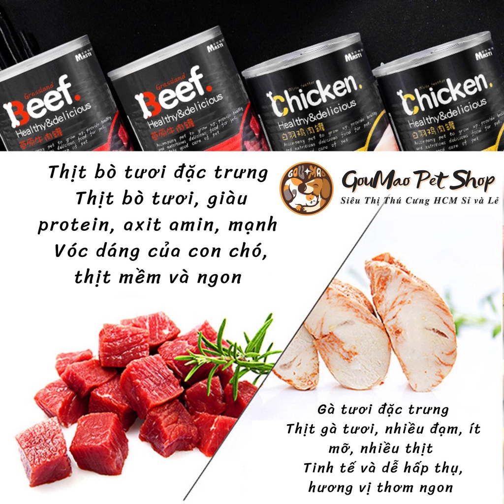 Thức ăn đóng hộp pate cho chó Masti 380g có 2 vị : bò và gà - Goumao pet