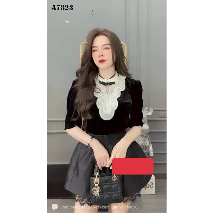 A618- ÁO NỮ NHUNG ĐEN CỔ VON TRẮNG