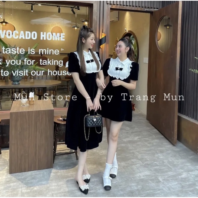 [204] Váy Nhung Cổ Nơ Pha Bèo Trắng Tiểu Thư Siêu Xinh | BigBuy360 - bigbuy360.vn