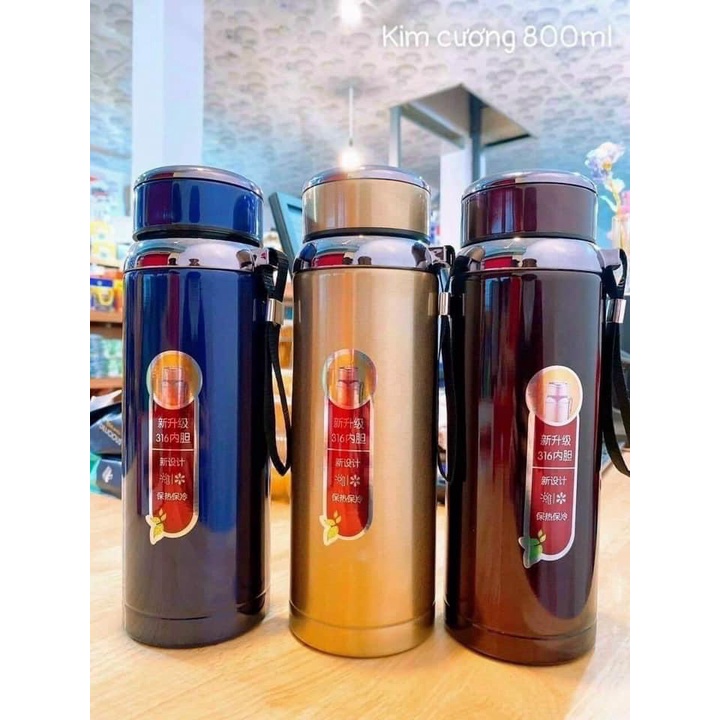 Bình giữ nhiệt 3 lớp inox cao cấp - Mẫu mới Nắp họa tiết Kim Cương 800ML 1000ML