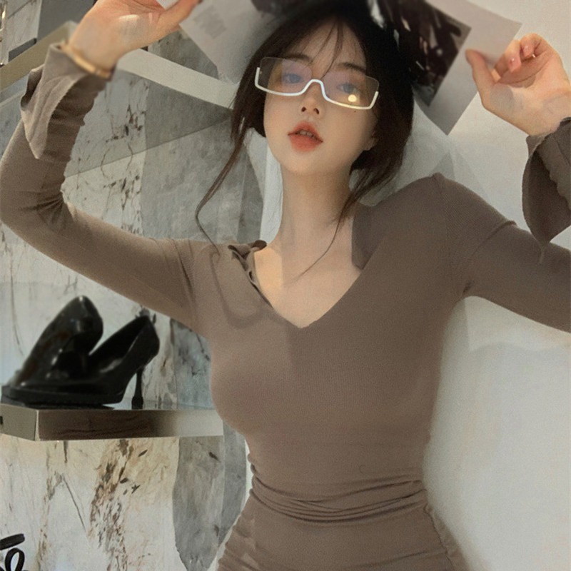 Đầm Tay Dài Cổ Chữ V Màu Sắc Thanh Lịch Phong Cách Hàn Quốc