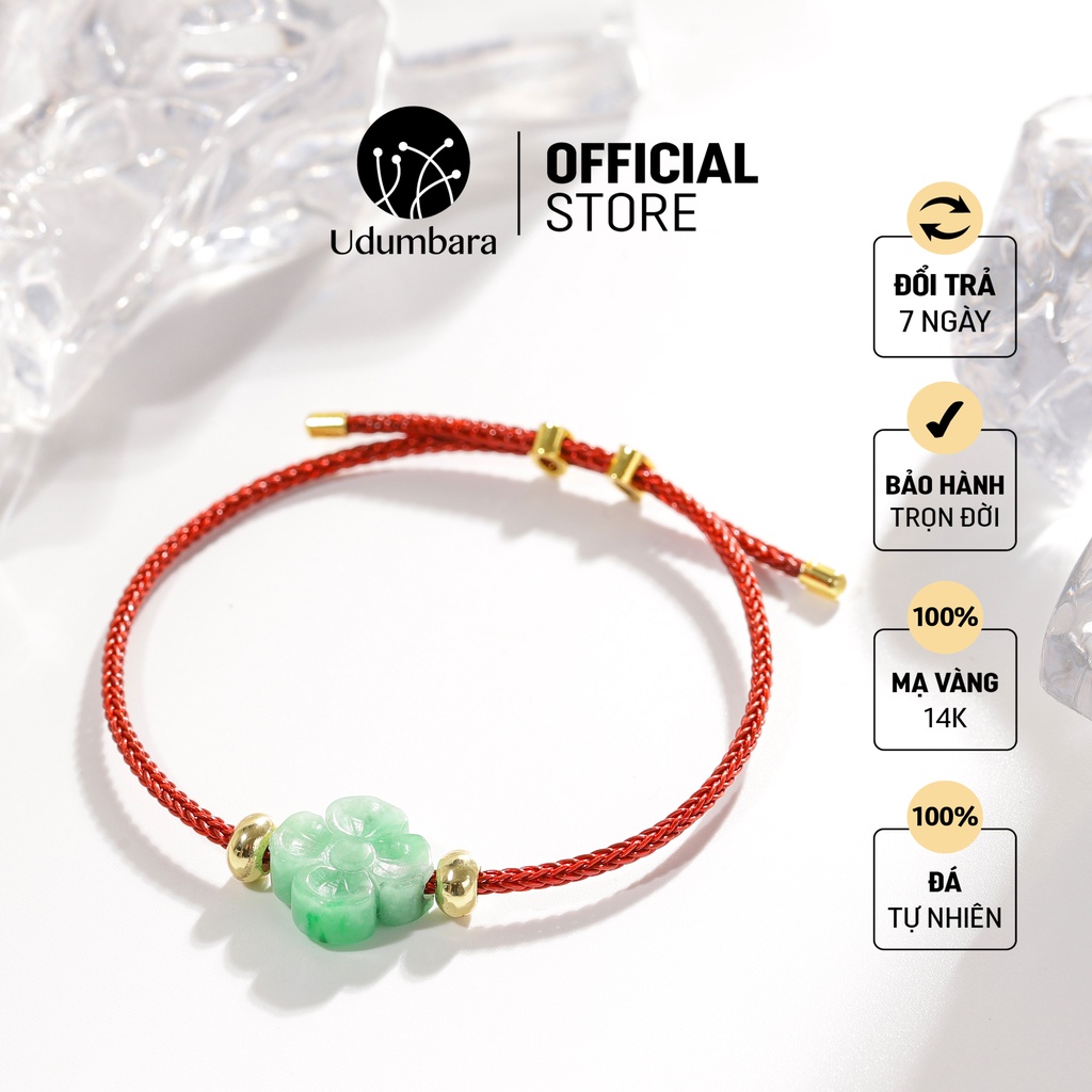 Vòng tay cuff đỏ nam nữ cẩm thạch xanh 4 lá may mắn phong thủy Udum