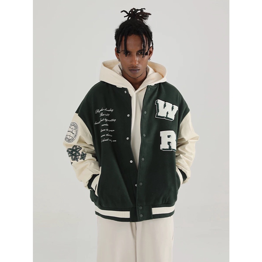 Áo khoác bomber nam nữ UNISEX form rộng- Áo khoác bóng chày varsity màu xanh lá chất dạ 2 lớp dày dặn thêu chữ WR tay da