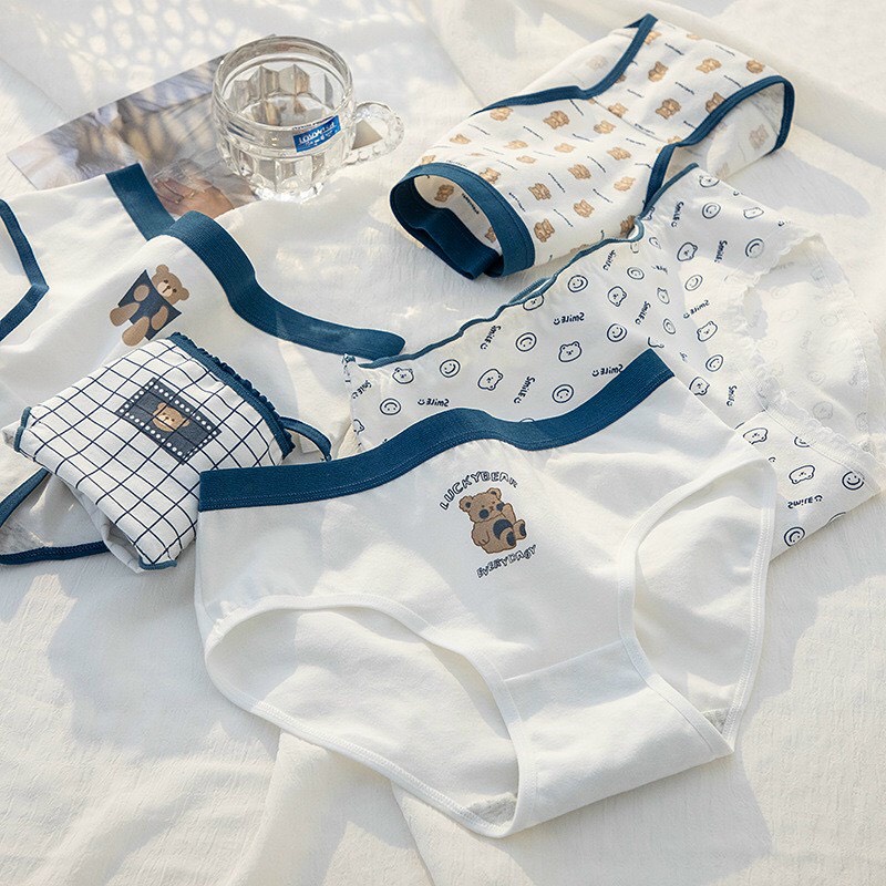 Quần lót nữ cotton họa tiết gấu nâu viền xanh cute dễ thương