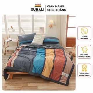 Bộ chăn ga Cotton TC kẻ chăn chần Suhali Shop, tici mền chần bông ga giường và 2 vỏ gối