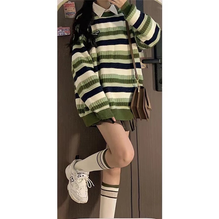 ✅Áo Sweater Dệt Kim Dáng Rộng Họa Tiết Kẻ Sọc Màu Xanh Lá Phong Cách Retro Mỹ Chất Lượng Cao Thời Trang Xuân Thu Cho Nữ