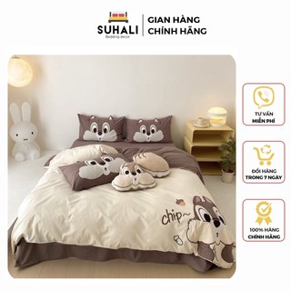 Bộ chăn ga 5 món cotton linen Disney, bộ ga giường chất liệu cotton đũi nhật nhập khẩu cao cấp