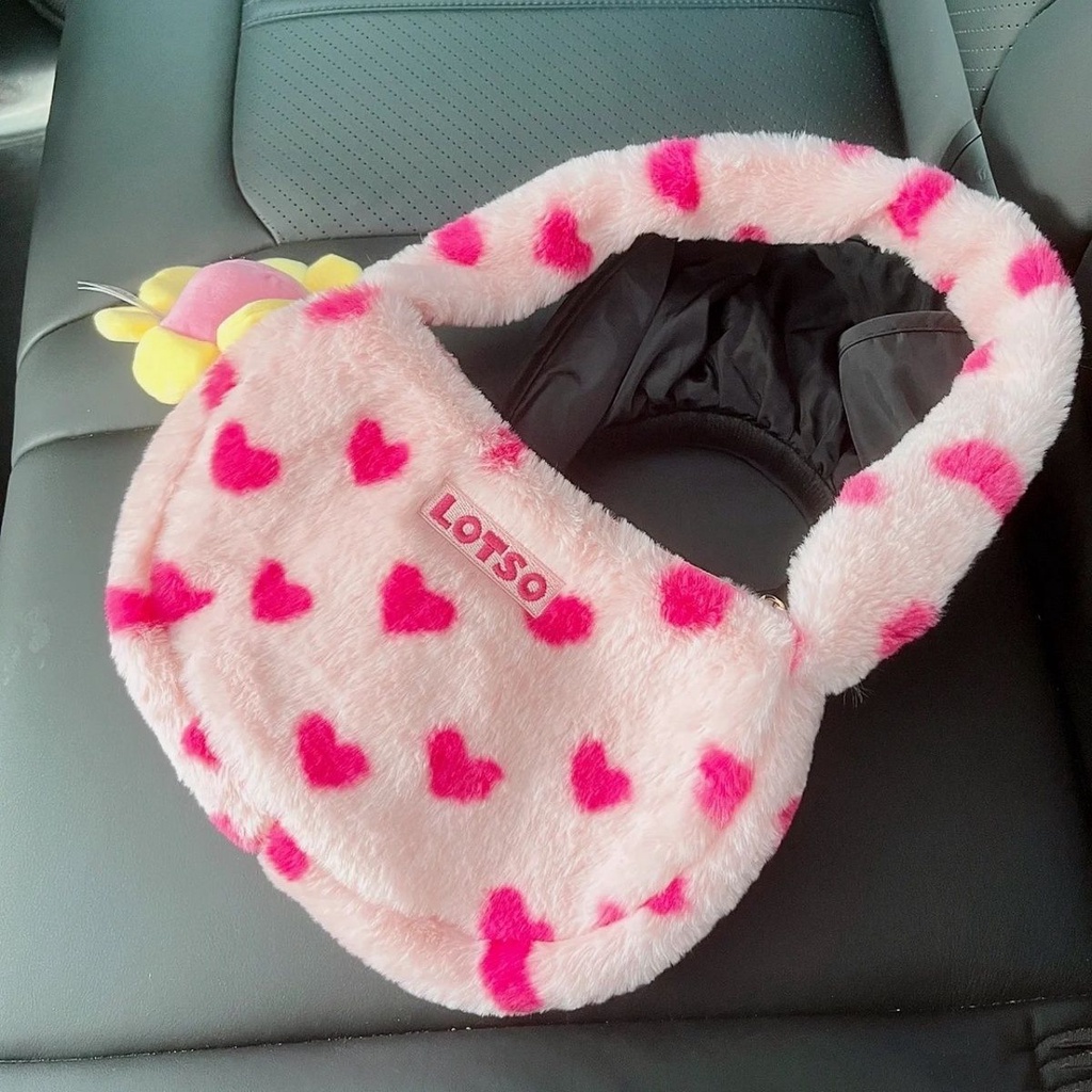 Túi Xách Lông Xù Màu Sắc Tương Phản Họa Tiết Gấu Dâu Tây Đáng Yêu