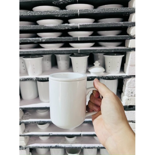 Cốc Sứ uống nước 450ml,Ly kèm Lọc Trà Có Nắp Gốm Bát Tràng Cao Cấp Hàng Loại 1