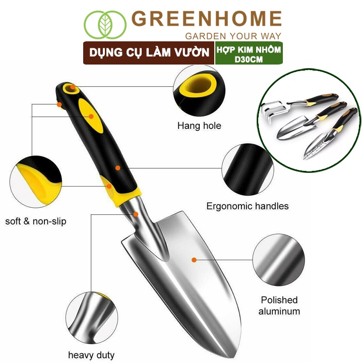 Bộ dụng cụ trồng cây Greenhome, D30cm, hợp kim nhôm, tay cầm cao su chống trượt, gồm xẻng, cào, xẻng chia vạch