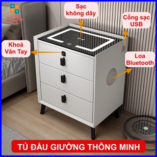 Tủ Đầu Giường Thông Minh, Tab Đầu Giường Tích Hợp Sạc Không Dây, Loa Bluetooth, Đèn Led Ngủ, Khoá Vân Tay Hiện Đại