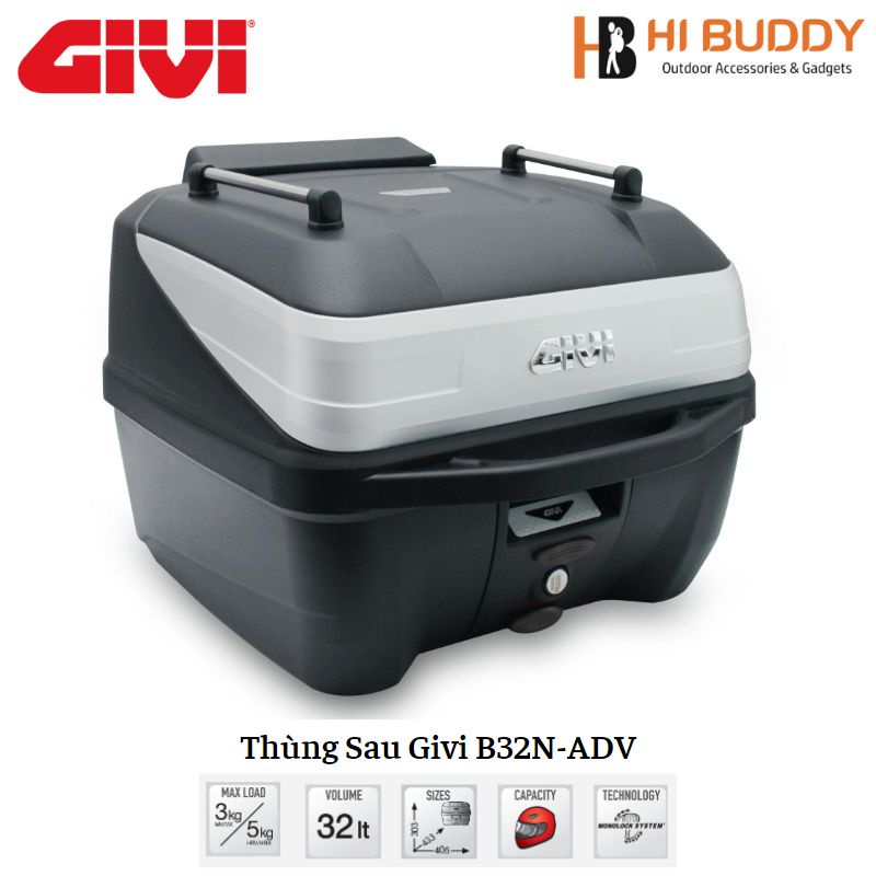 Thùng Sau Givi B32N-ADV Monolock Ốp Màu Bạc 32L Full Phụ Kiện | Tựa Lưng - Lưới Ràng - Lót Trong - Đ