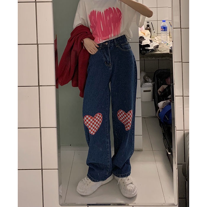 Love jeans women's new straight tube loose Joker checkerboard high waist slim wide leg pants women's cow