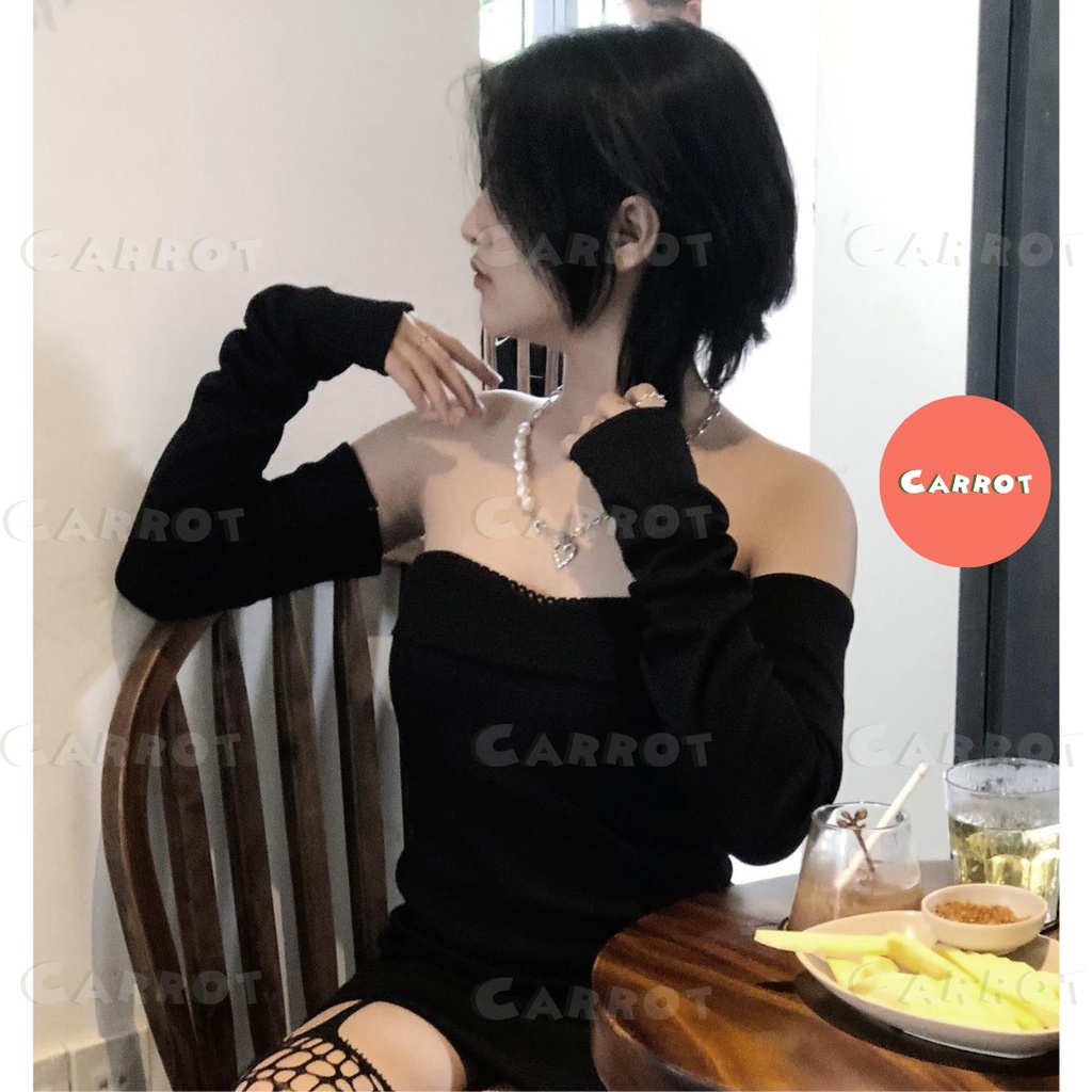 Đầm body nữ ngắn hở vai sexy ôm dáng tay dài cúp ngực màu đen thiết kế ôm eo dự tiệc sang trọng chất thun Carrot-89
