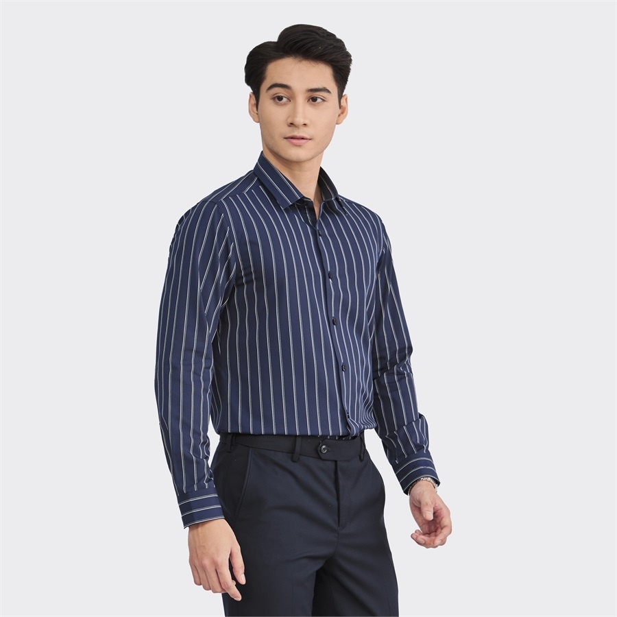 Áo sơ mi nam dài tay ARISTINO ALS12202 Somi công sở cao cấp màu xanh tím than kẻ sọc Vải sợi tre dáng ôm không túi