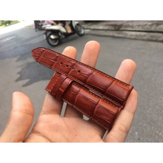 Dây đồng hồ da cá sấu cao cấp khâu tay handmade màu nâu đỏ đậm