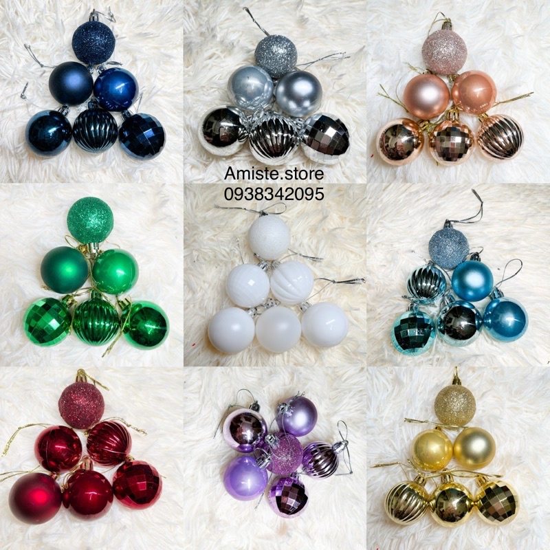 Bộ 06 quả châu giáng sinh trang trí cây thông cây tùng, kích thước 4cm