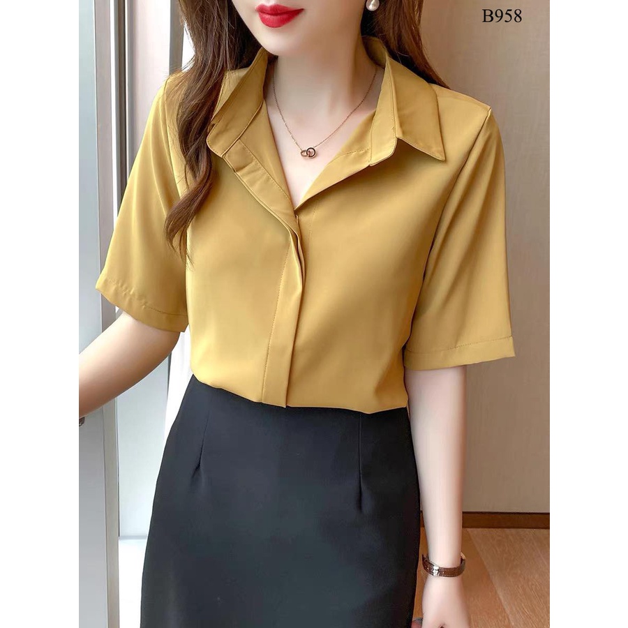 Áo Sơ Mi Nữ Tay Ngắn Lamo Design SơMi Lụa Nữ Kiểu Thiết Kế Cơ Bản Không Nút Chất Liệu Lụa Hawai Cao Cấp Mềm Mát B958