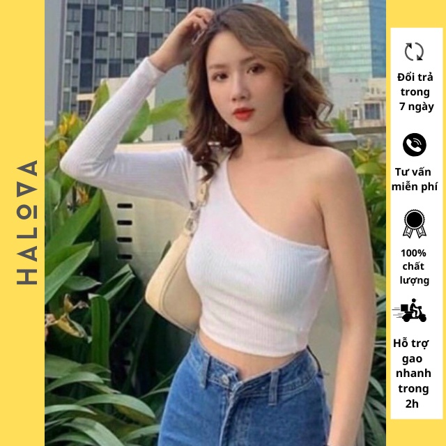 Áo croptop nữ tay dài lệch vai ôm body HALOVA AT9