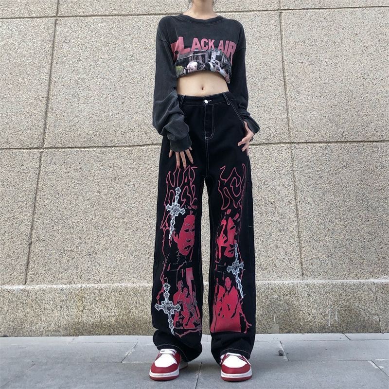 Quần jeans MMIOT Y2K ống suông dáng rộng lưng cao in họa tiết phong cách hip hop Mỹ cổ điển thời trang 2023 cho nữ