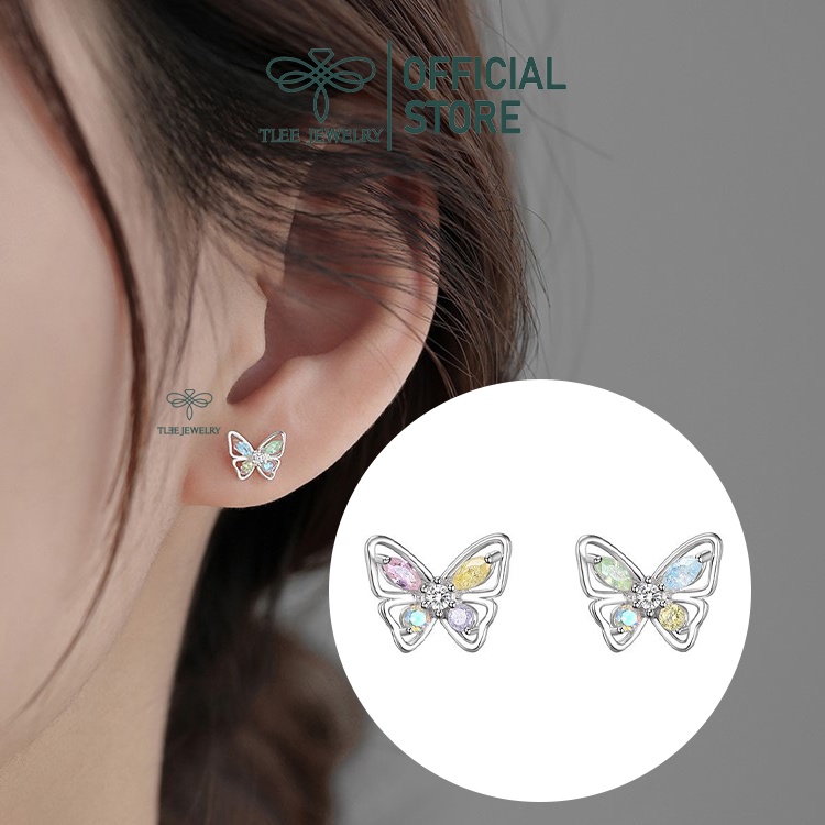 Khuyên tai bạc nữ TLEE mẫu cánh bướm đính đá ngũ sắc xinh xắn bạc cao cấp TleeJewelry B0230