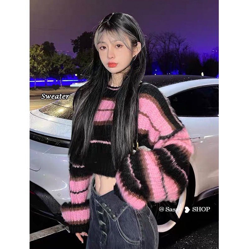 QADCOL Áo sweater Dệt Kim Tay Ngắn Dáng Rộng Họa Tiết Kẻ Sọc Thời Trang Hàn Quốc Cho Nữ