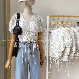 Áo sơ mi nữ kiểu IKAO nữ tính croptop tay phồng xinh xắn