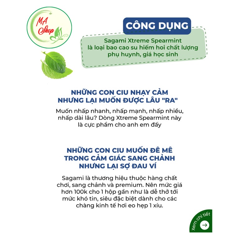 Bao cao su Sagami Spearmint bạc hà siêu mỏng, bcs kéo dài thời gian siêu đỉnh Nhật Bản - Hộp 10 bao - M.A Shop