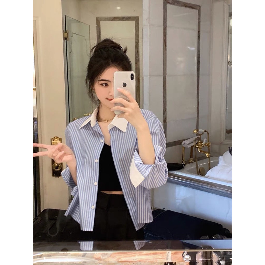 Áo Sơ Mi Dài Tay Họa Tiết Kẻ Sọc Phối Màu Trắng Xanh Thời Trang Phong Cách Mới Cho Nữ