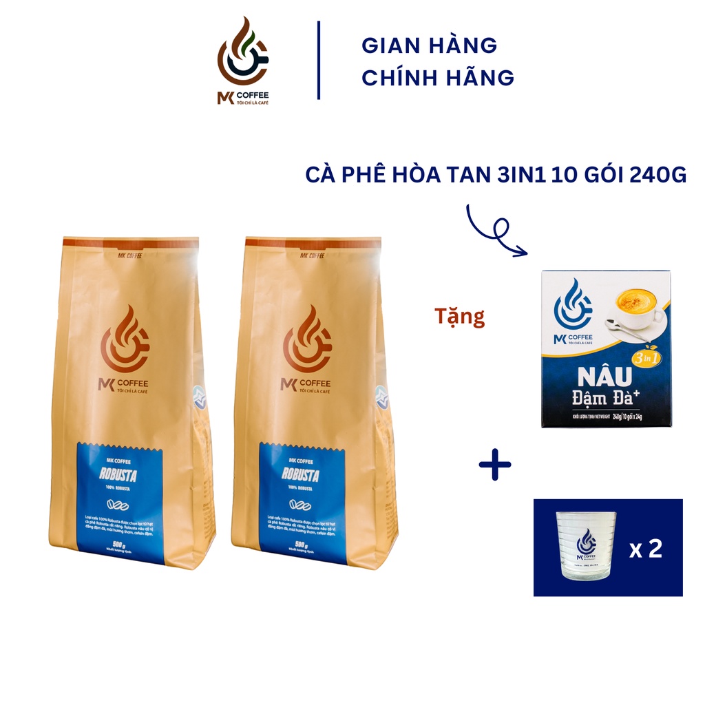 2 bịch Cà Phê Bột Truyền Thống nguyên chất Robusta MK Coffee 500g - Tặng 1 hộp cà phê sữa + 2 ly thủy tinh