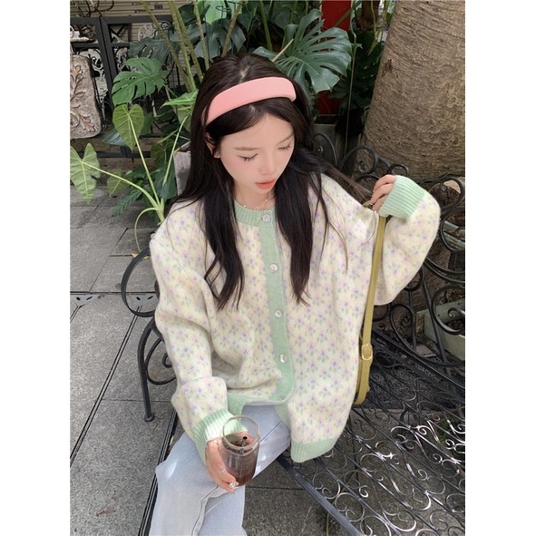 Áo cardigan len, áo khoác thổ cẩm vintage màu xanh lá bánh bèo Hàn Quốc