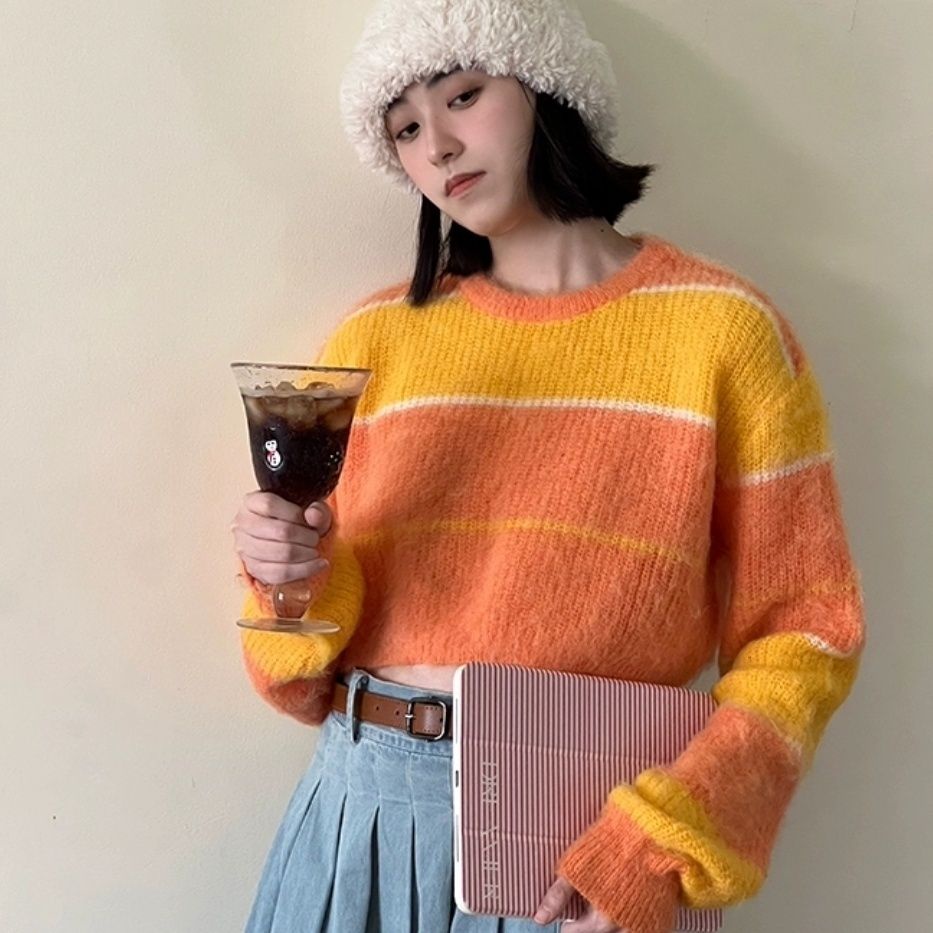 Áo Sweater Tay Dài Dáng Rộng Kẻ Sọc Màu Sắc Tương Phản Phong Cách Retro Hàn Quốc Cho Nữ