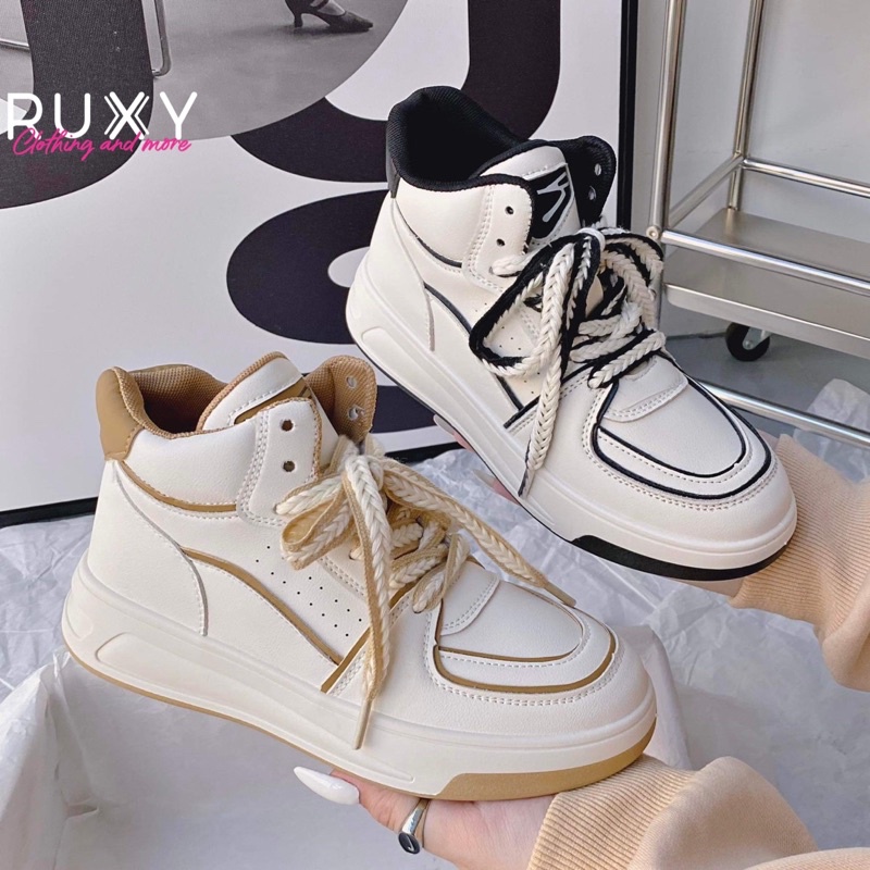Giày Sneaker Thể Thao Nữ Cao Cấp Dây Buộc Thừng Đen - Nâu Cổ Cao