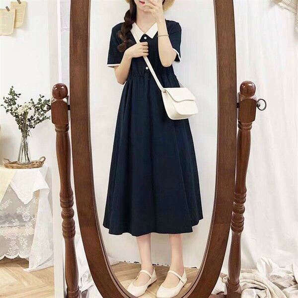 [11.11 Sale Freeship] Đầm cổ V tay ngắn phối trắng,váy tiểu thư nữ dài dáng xếp ly nhúm eo thanh lịch trẻ trung mtb
