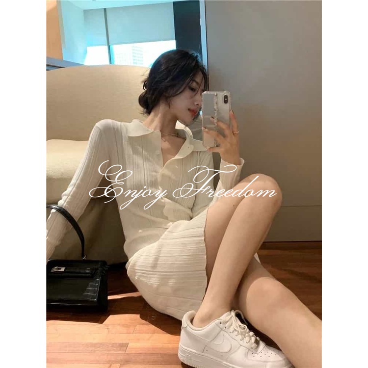 Enjoy Freedom Đầm Dệt Kim Tay Dài Ôm Eo Cài Một Hàng Nút Thời Trang Kiểu Pháp Hàng Mới Dành Cho Bạn Nữ