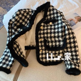 Áo Khoác Lông Cừu Dáng Ngắn Họa Tiết Sọc Caro Trắng Đen Thời Trang Thu Đông 2022 Cho Nữ