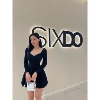 Đầm Xoè Tay Dài Phối Ren Cúc Ngực