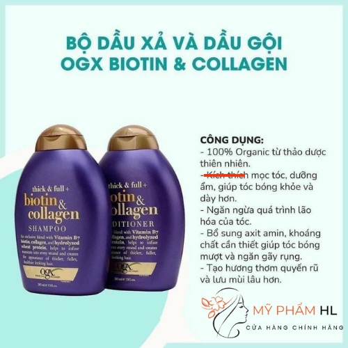 Cặp Dầu Gội Xả Biotin Collagen OGX Tím 385ml, tóc mọc dầy hơn, ngăn ngừa rụng tóc, myphamhanhluan
