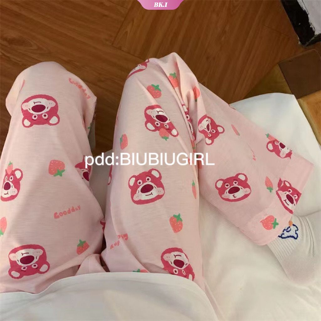 DISNEY Quần Ngủ Lưng Thun Ống Rộng In Họa Tiết Hoạt Hình Gấu / Dâu Tây Dễ Thương Thời Trang Mùa Đông Cho Nữ