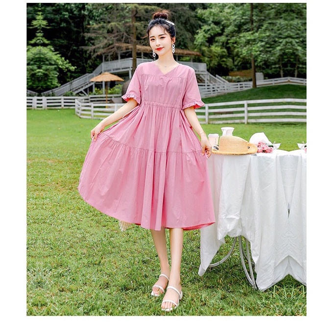 Váy bầu thiết kế trẻ trung xinh xắn 2 màu xanh và hồng size 40-75kg