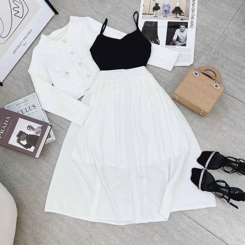 Set 3 món nữ set áo crop đen+ áo khoác đính nút tay dài+ chân váy trắng dài lên dáng tiểu thư sang chảnh