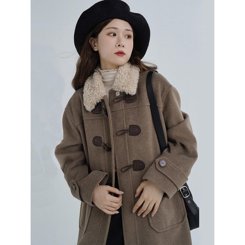 Áo Khoác Dạ Nữ Form Rộng Dáng Dài Qua Gối Cổ Lông Bigsize Retro Kiểu Hàn Quốc Đi Học Đi Làm Đi Chơi Thu Đông AD089